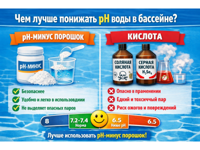 Чем понижать pH воды в бассейне: порошок или кислоты? Сравнение